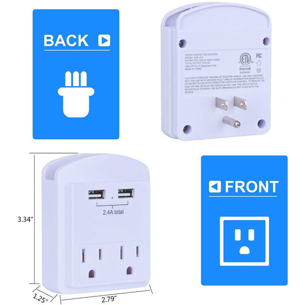 USB Wall Charger, Small Surge Protector, POWRUI USB Outlet with 2 USB Ports (2.4A Total) and Top Phone Holder for Apple, iPhone, iPad, Samsung, 1080Joules, White (2-Pack), ETL Certified - POWRUI