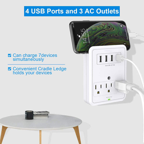 POWRUI Multi Wall Outlet Adapter Surge Protector 1680 Joules with 4-USB Ports Wall Charger, Wall Mount Charging Center 3 Outlet Wall Mount Adapter for Home, School, Office, ETL Certified - POWRUI