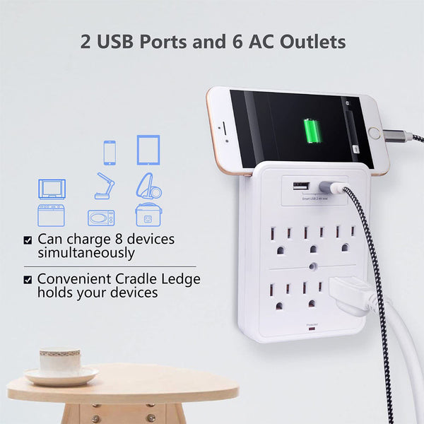 POWRUI Surge Protector, USB Wall Charger with 2 USB Charging Ports(Smart 2.4A Total), 6-Outlet Extender and Top Phone Holder for Your Cell Phone, White, ETL Listed - POWRUI
