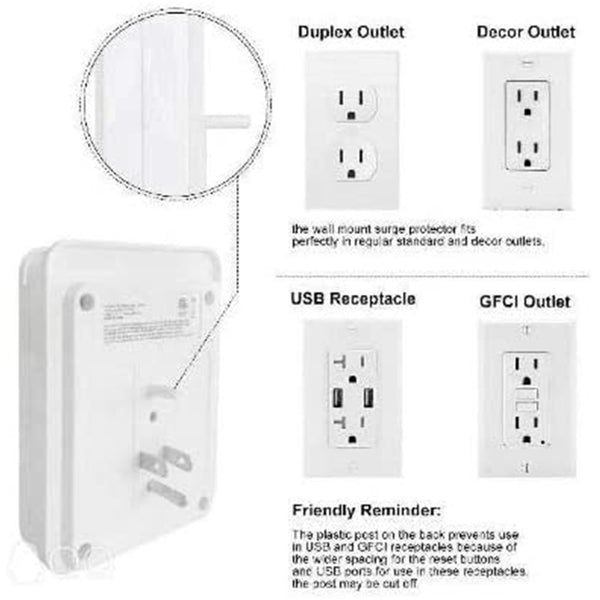 POWRUI Surge Protector, USB Wall Charger with 2 USB Charging Ports(Smart 2.4A Total), 6-Outlet Extender and Top Phone Holder for Your Cell Phone, White, ETL Listed - POWRUI